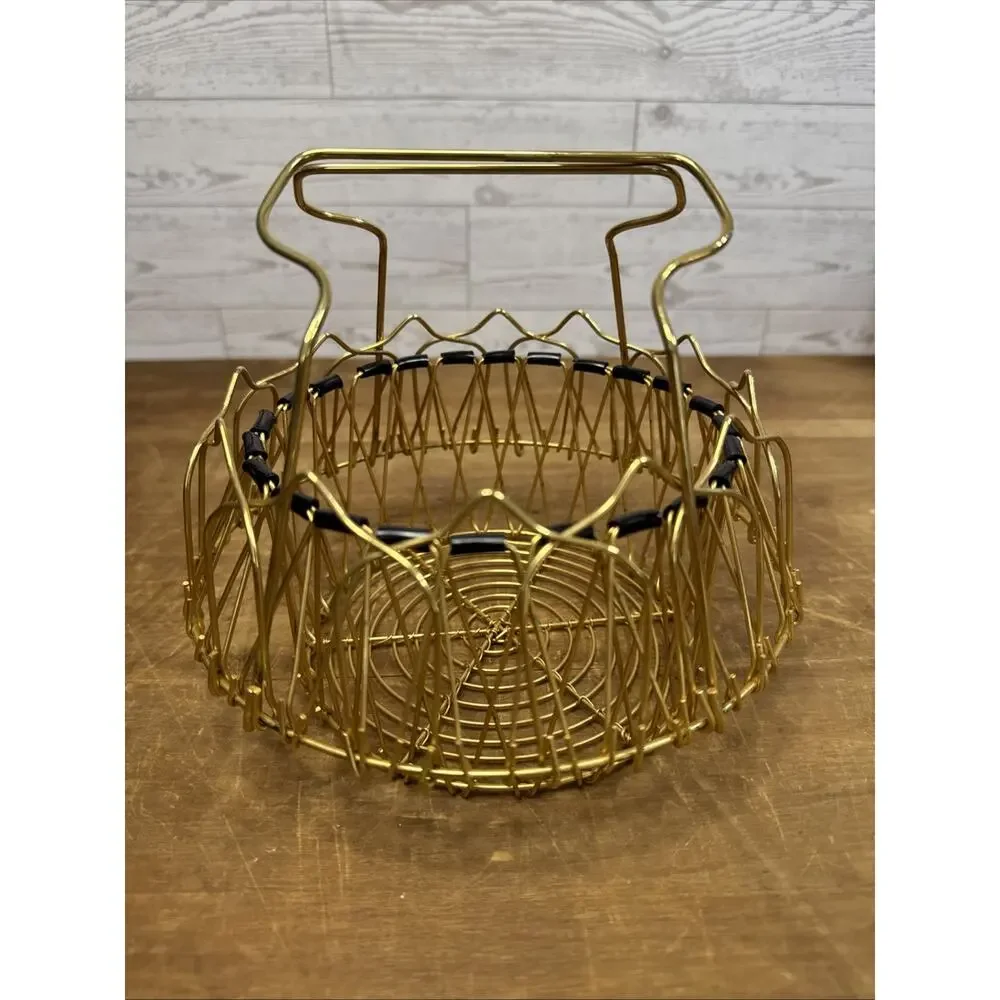 Vtg MCM Expandable Gold Wire Fruit Egg Basket Folding Atomic Style